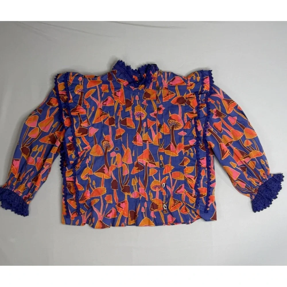Farm Rio Bright Blue Mushroom Sketch Blouse Buttons M NEW Statement